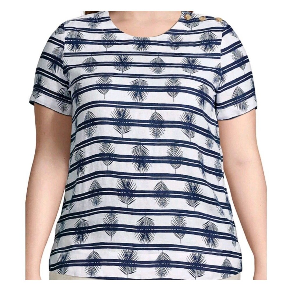 Lands' End Top Women's 2X Tropical Short Sleeve Blouse White Blue Palms Linen
